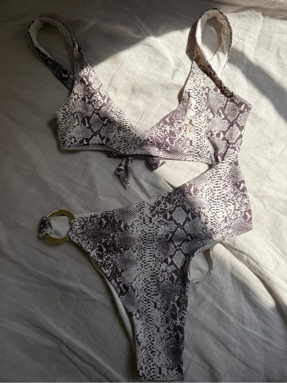 Monday Swimwear Taupe and White Snake-Print Bikini Set with Gold Ring